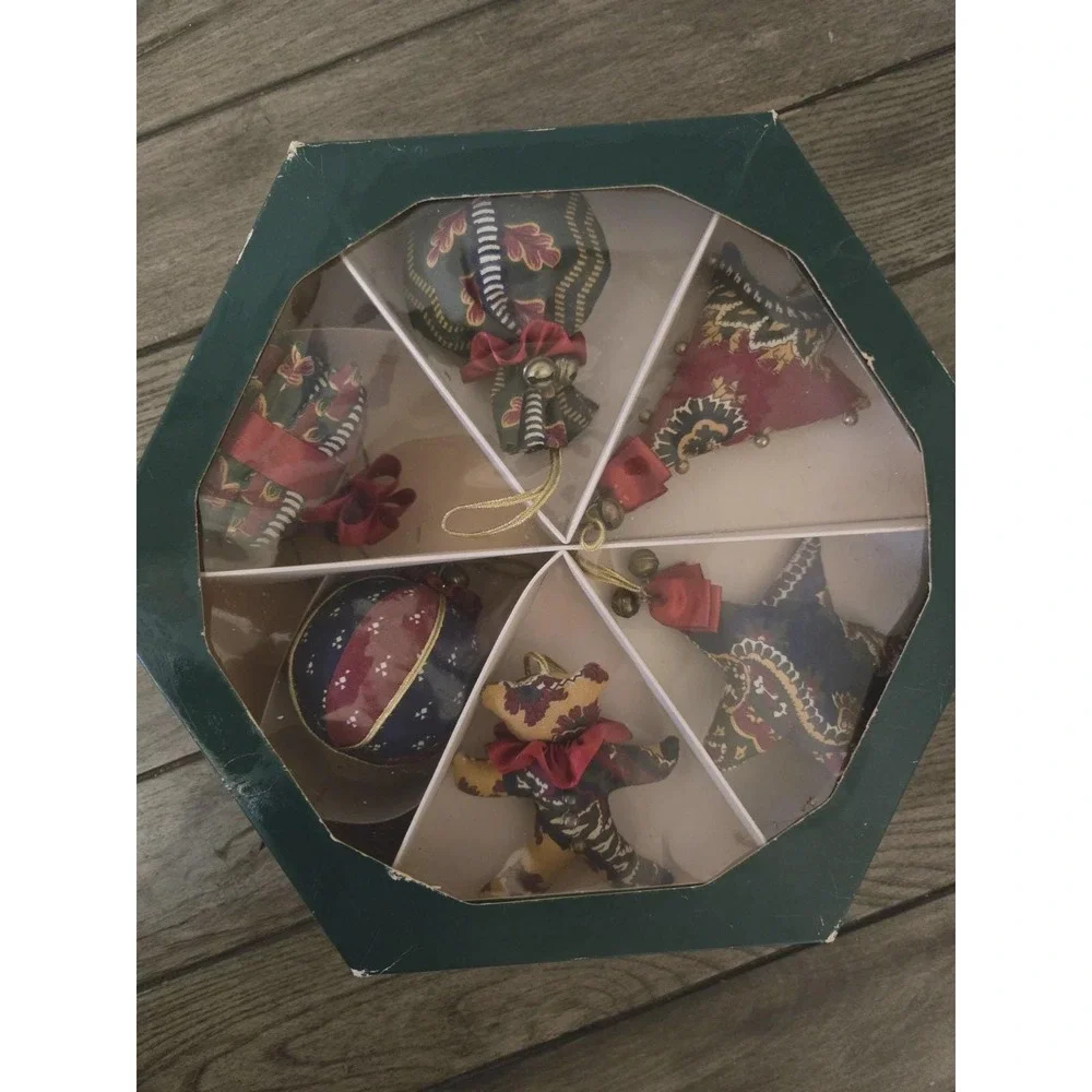 Set Of 6 Vintage Laura Ashley Fabric Christmas Ornaments Star, Bear, Tree Ball